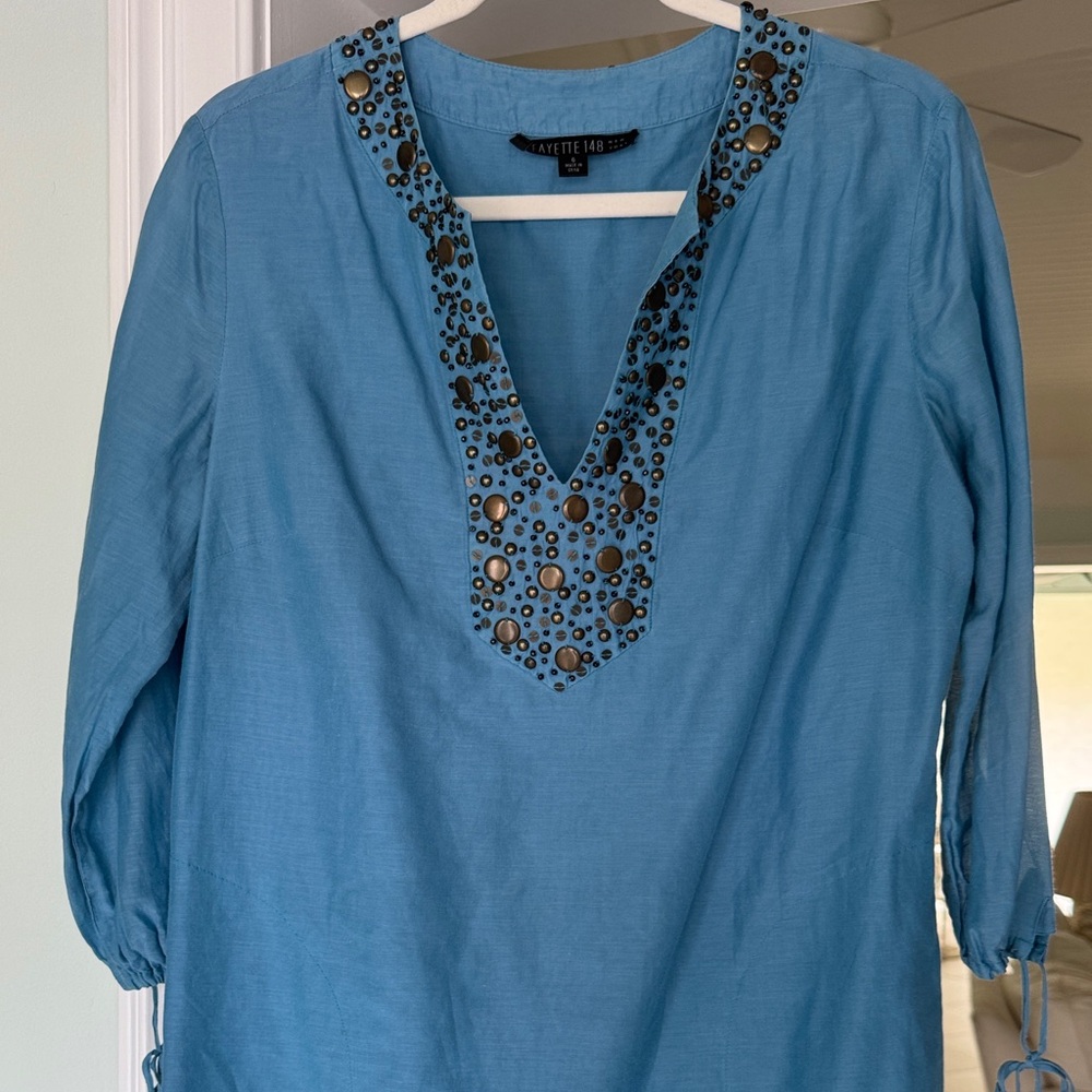 Lafayette 148 NY Tunic Accented with Whimsical Bronze Beading in Deep Sea Teal